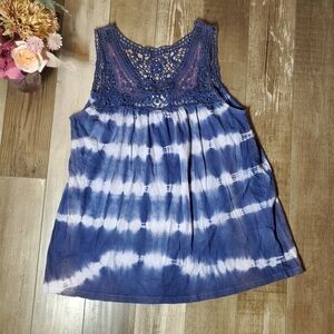 Greater Good Women's Navy Blue and White Tie-Dye Crochet Tank Top Size Large